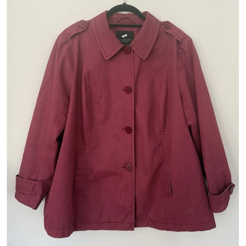 Talbots Women's 2X Raspberry Red Trench Coat Jacket Classic Epaulette Academia